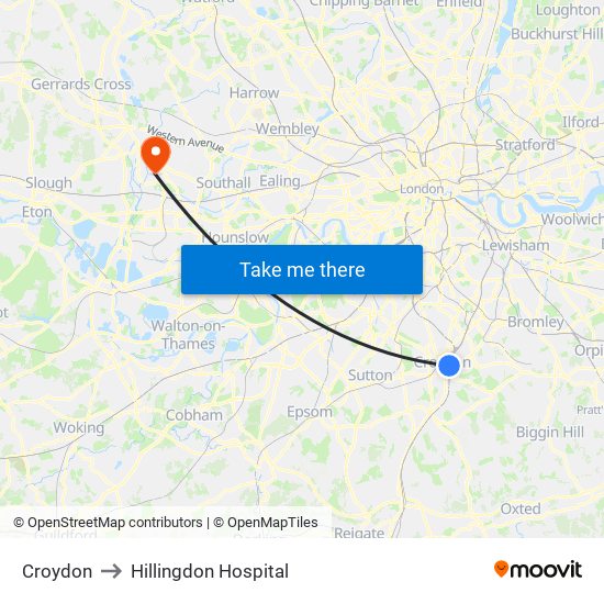 Croydon to Hillingdon Hospital map