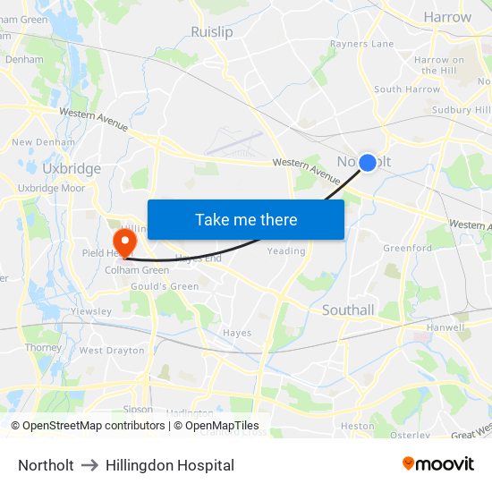 Northolt to Hillingdon Hospital map