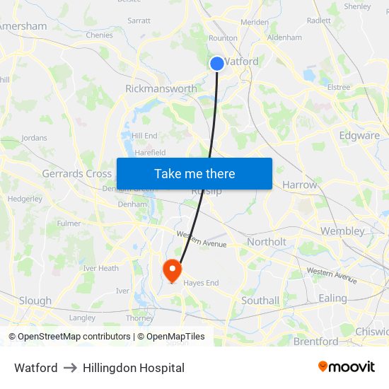 Watford to Hillingdon Hospital map