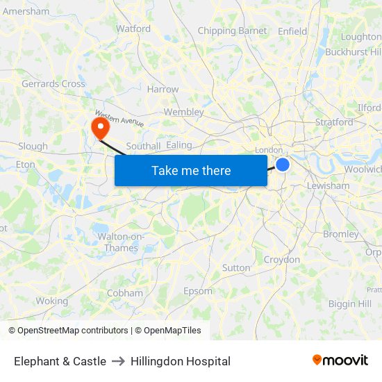 Elephant & Castle to Hillingdon Hospital map