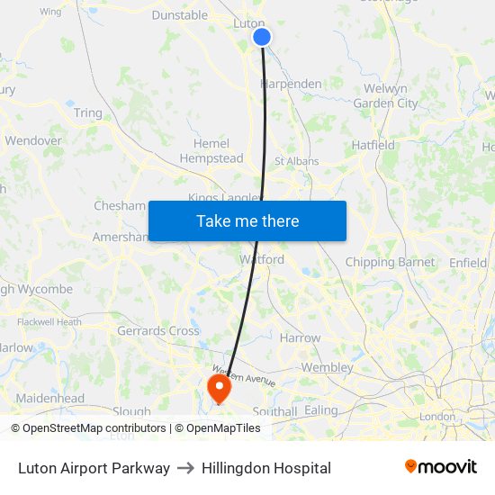 Luton Airport Parkway to Hillingdon Hospital map