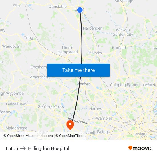 Luton to Hillingdon Hospital map