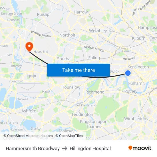 Hammersmith Broadway to Hillingdon Hospital map