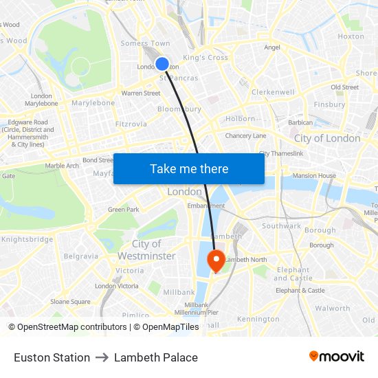 Euston Station to Lambeth Palace map