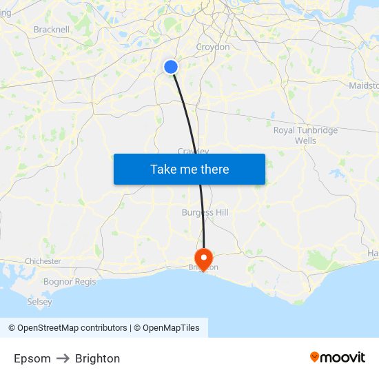 Epsom to Brighton map