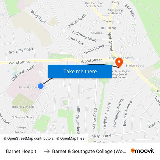 Barnet Hospital Creche to Barnet & Southgate College (Wood Street Centre) map