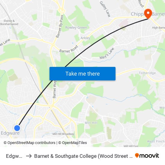 Edgware to Barnet & Southgate College (Wood Street Centre) map