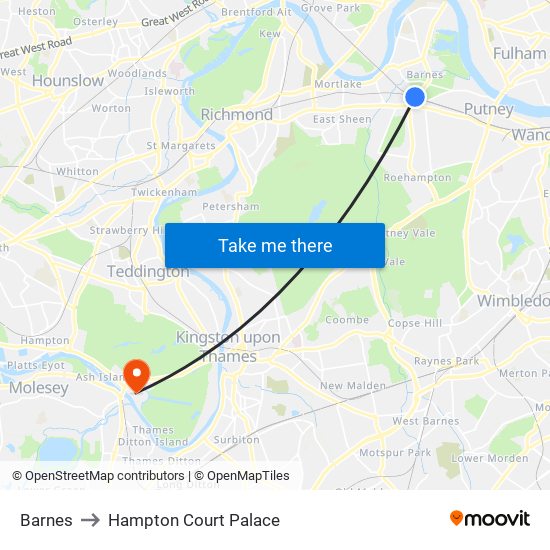Barnes to Hampton Court Palace map