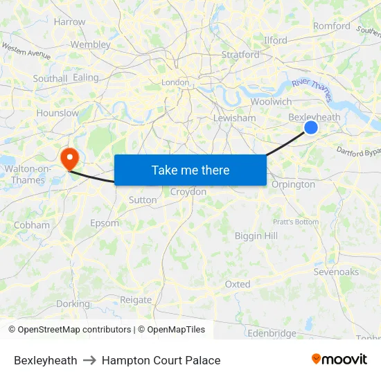 Bexleyheath to Hampton Court Palace map