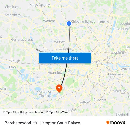 Borehamwood to Hampton Court Palace map
