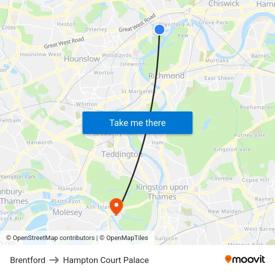 Brentford to Hampton Court Palace map