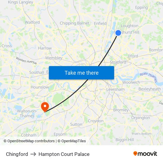 Chingford to Hampton Court Palace map