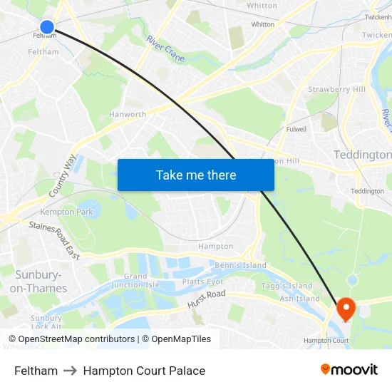 Feltham to Hampton Court Palace map