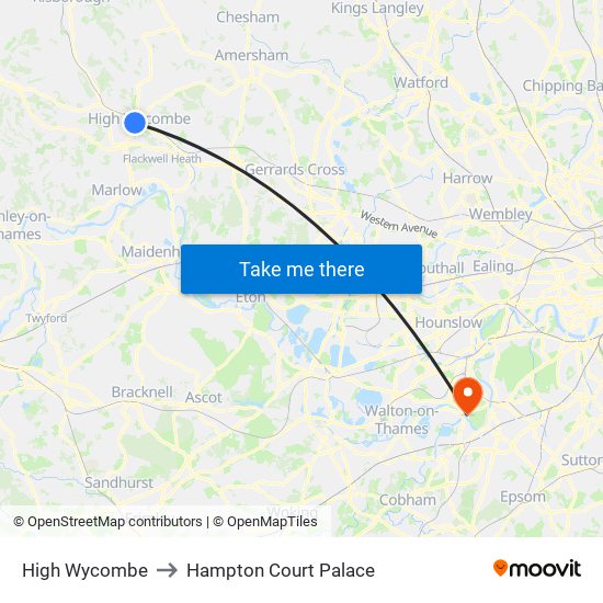 High Wycombe to Hampton Court Palace map