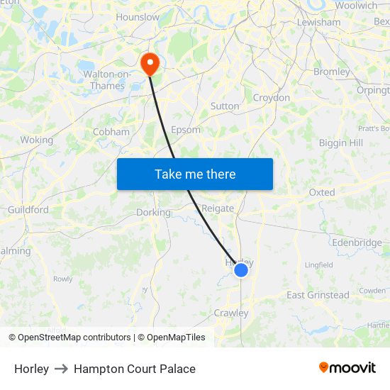 Horley to Hampton Court Palace map
