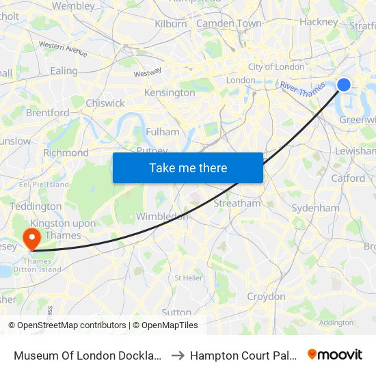 Museum Of London Docklands to Hampton Court Palace map