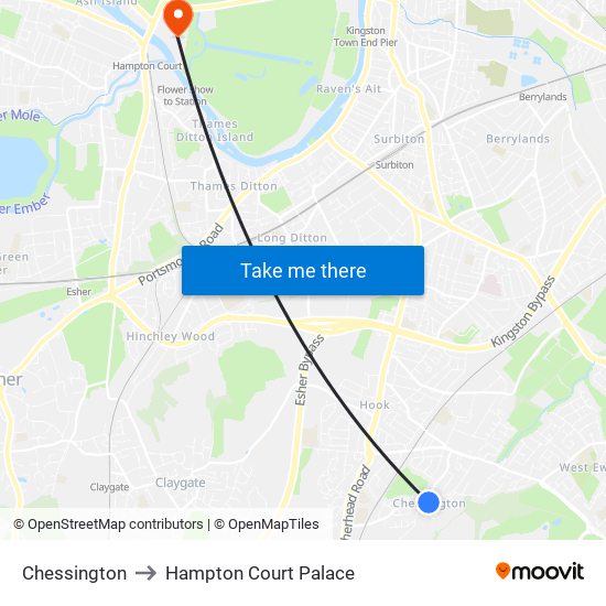 Chessington to Hampton Court Palace map