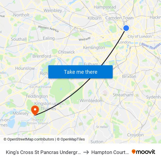 King's Cross St Pancras Underground Station to Hampton Court Palace map