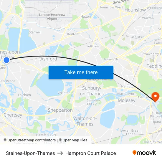 Staines-Upon-Thames to Hampton Court Palace map