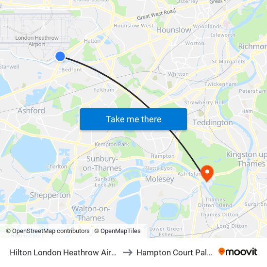 Hilton London Heathrow Airport to Hampton Court Palace map