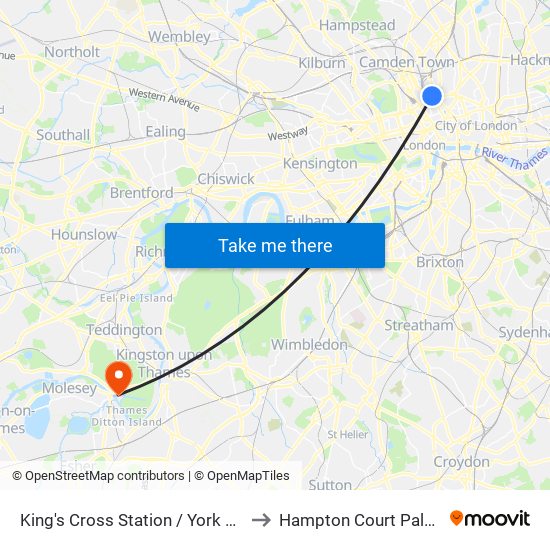 King's Cross Station / York Way to Hampton Court Palace map