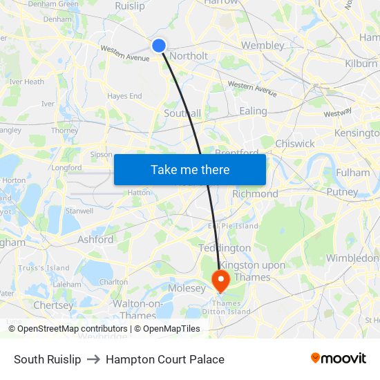 South Ruislip to Hampton Court Palace map