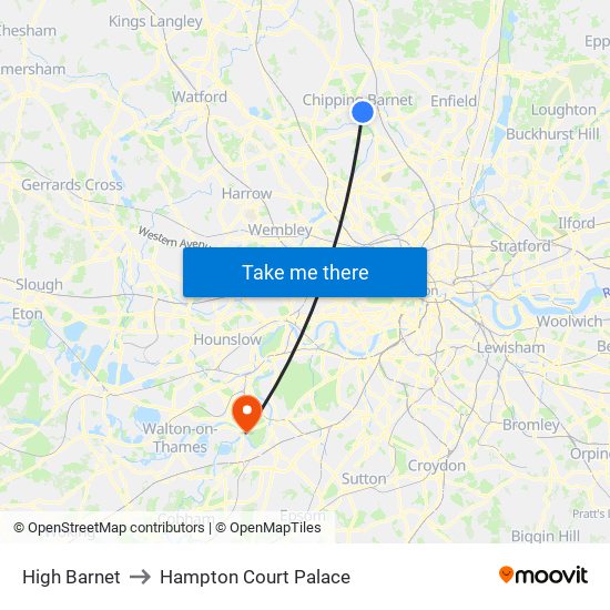 High Barnet to Hampton Court Palace map