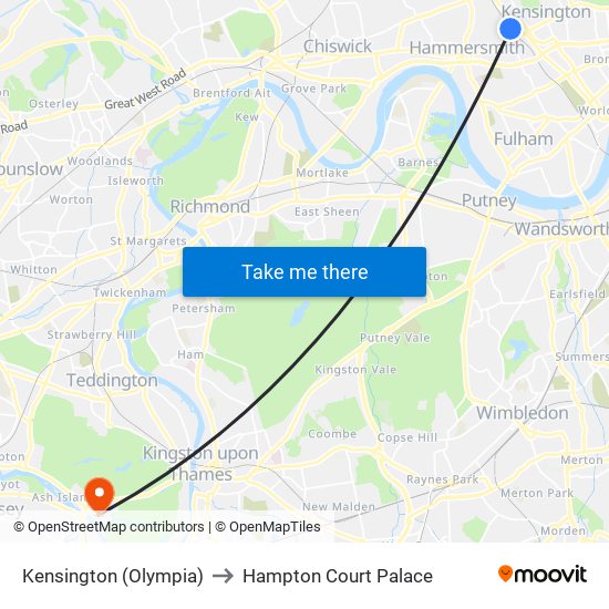 Kensington (Olympia) to Hampton Court Palace map