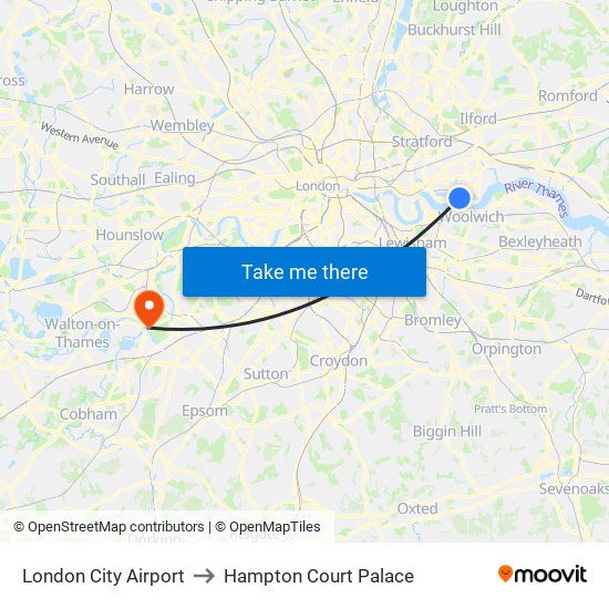 London City Airport to Hampton Court Palace map