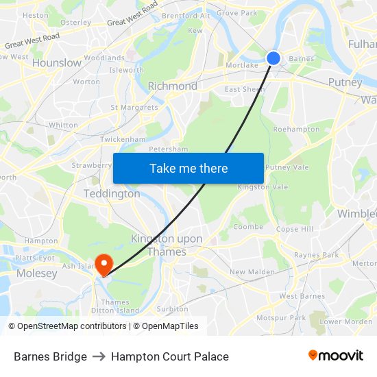 Barnes Bridge to Hampton Court Palace map