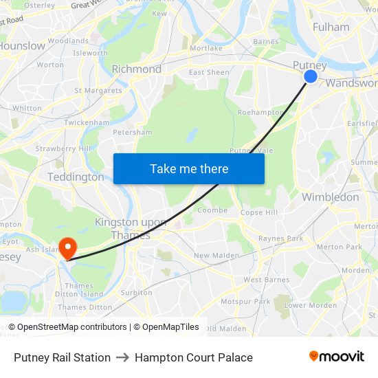 Putney Rail Station to Hampton Court Palace map