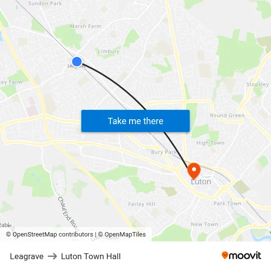 Leagrave to Luton Town Hall map