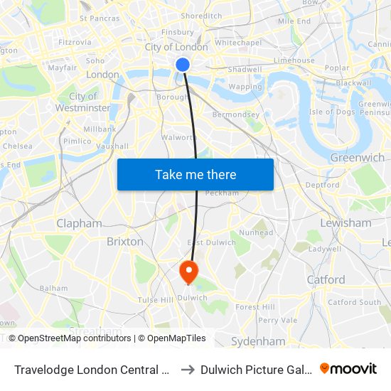 Travelodge London Central Bank to Dulwich Picture Gallery map