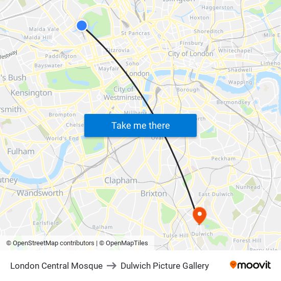 London Central Mosque to Dulwich Picture Gallery map