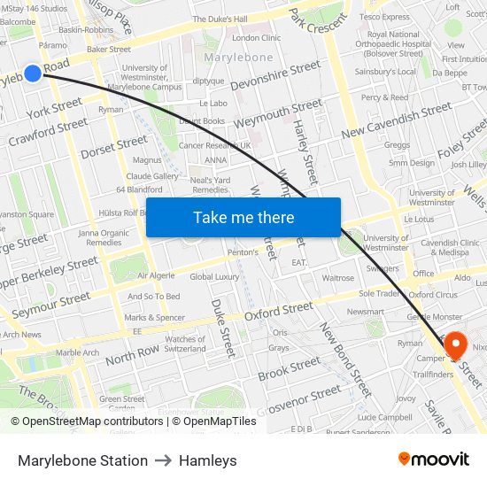 Marylebone Station to Hamleys map