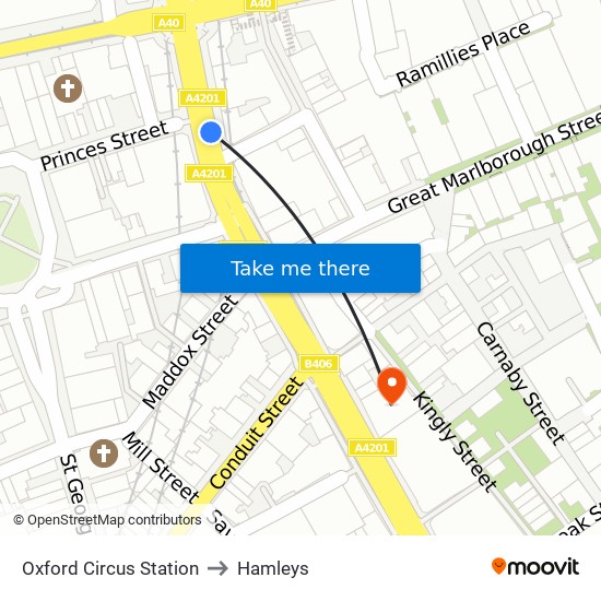 Oxford Circus Station to Hamleys map