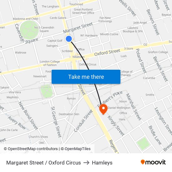 Margaret Street / Oxford Circus to Hamleys map