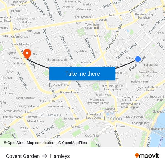 Covent Garden to Hamleys map