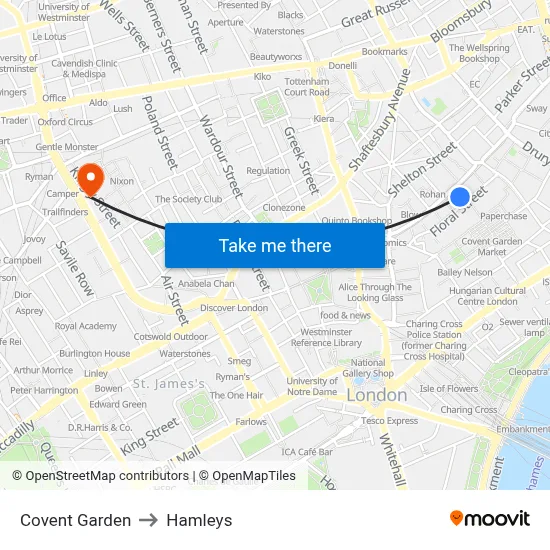 Covent Garden to Hamleys map