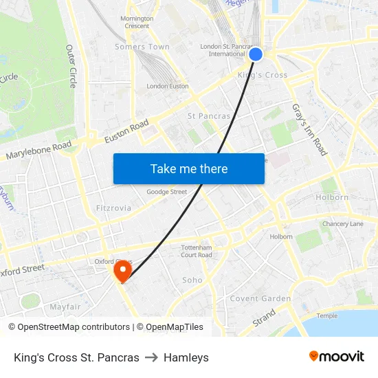 King's Cross St. Pancras to Hamleys map
