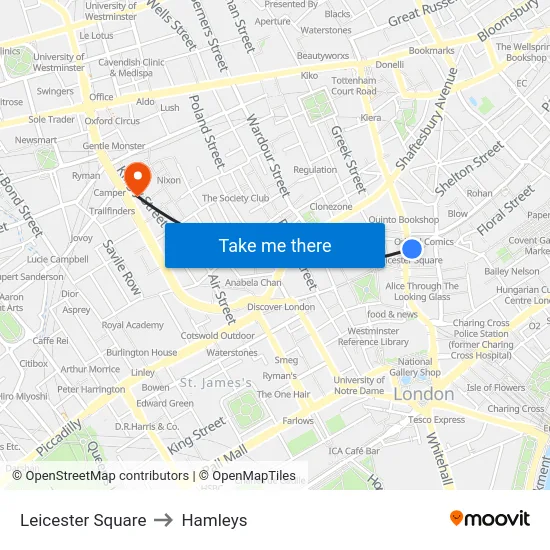 Leicester Square to Hamleys map