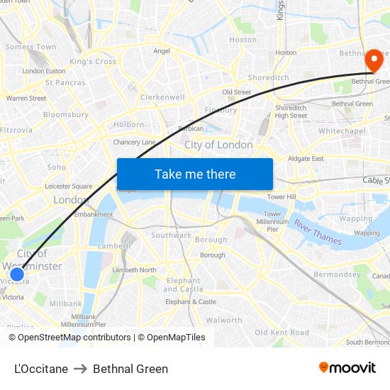 L'Occitane Victoria to Bethnal Green map