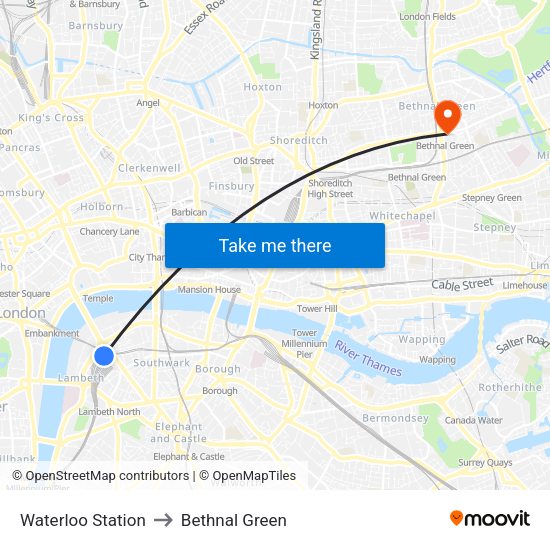 Waterloo Station to Bethnal Green map