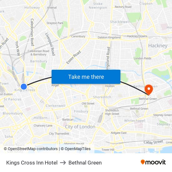 Kings Cross Inn Hotel to Bethnal Green map