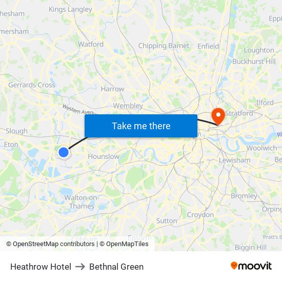 Heathrow Hotel to Bethnal Green map