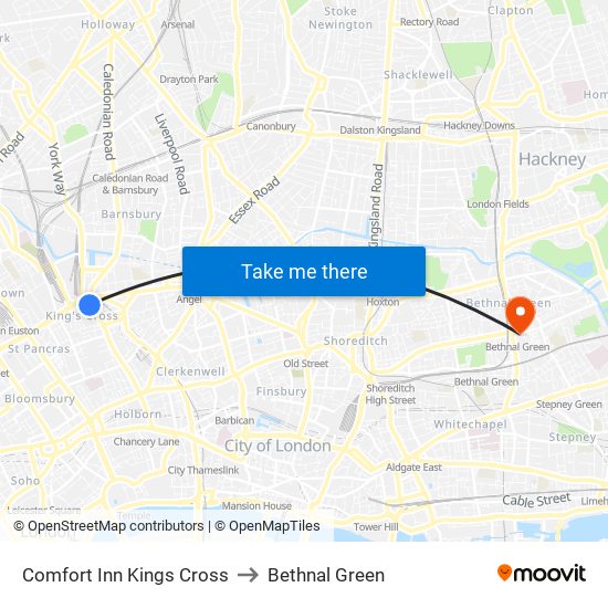 Comfort Inn Kings Cross to Bethnal Green map