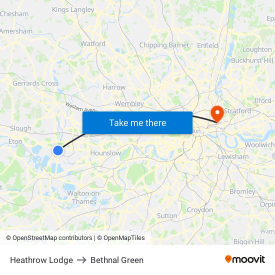 Heathrow Lodge to Bethnal Green map