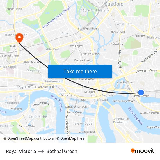 Royal Victoria to Bethnal Green map