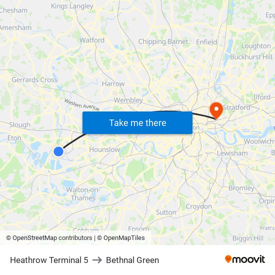 Heathrow Terminal 5 to Bethnal Green map