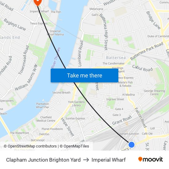 Clapham Junction Brighton Yard to Imperial Wharf map